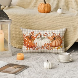 AVOIN colorlife Fall Pumpkin Plaid Throw Pillow Cover 12x20 Inch, Seasonal Autumn Leaves Thanksgiving Harvest Cushion Case Decoration for Sofa Couch