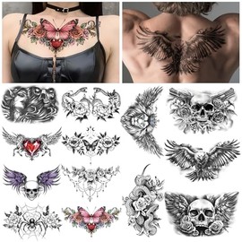Yazhiji 13 tatuajes temporales grandes para el pecho y la parte inferior del busto para adultos, 8 tatuajes de rosas sensuales para el vientre y sellos de vagabundo para mujeres, 5 tatuajes falsos par