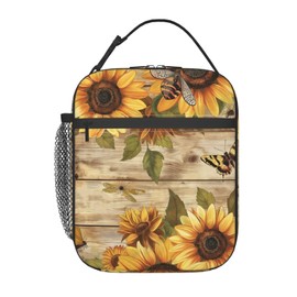 VANZEV Sunflower Lunch Box for Adults Women Girls Boys Kids Farmhouse Wooden Lunch Box Insulated Cooler Reusable Lunch Bag Container Gifts for Work Office Picnic Travel School