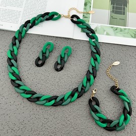BOCAR Statement Acrylic Chunky Necklace for Women Cuban Link Chain Collar Necklace Bracelcet Earrings Fashion Costume Jewelry Set (NK-10668-Green Mix)