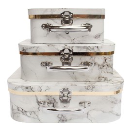 Emartbuy Set of 3 Rigid Luxury Presentation, Suitcase Gift Storage Box, White Marble Print, White Interior with Metal Handle and Clasp