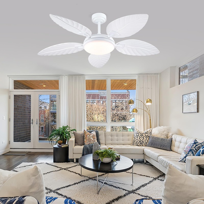 PHORUS 52" Palm Leaf Ceiling Fan with Lights, White Tropical