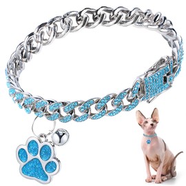 Hillban Cat Collar Diamond Chain Glitter Collar Walking Metal with Secure Buckle Cat Pet Necklace with Paw Charm and ID Tag Bell Link Cuban Jewelry Accessories(8 Inch,Silver,Lake Blue)