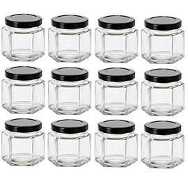 Nakpunar 12 pcs 4 oz Hexagon Glass Jars with Black Lids (4 oz, Black)