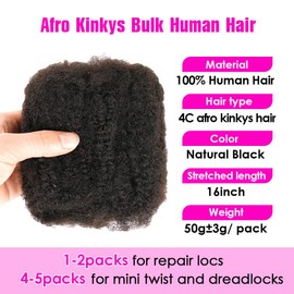 Youngther Afro Kinkys Bulk Human Hair 16 inch Natural Black loc extensions human hair for Dreadlocks extensions repair Locs, Twists/Braids（16 inch 1B）