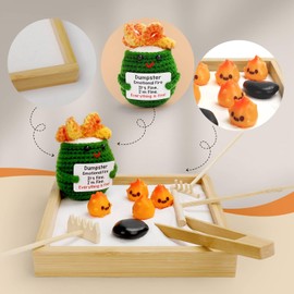 Humorous Emotional Support Dumpster Fire Desk Toy - Unique Desk Accessories, Mini Zen Garden Sand Box with Crochet Figure & 8 Flames, Funny Gift for Coworkers & Office Stress Relief