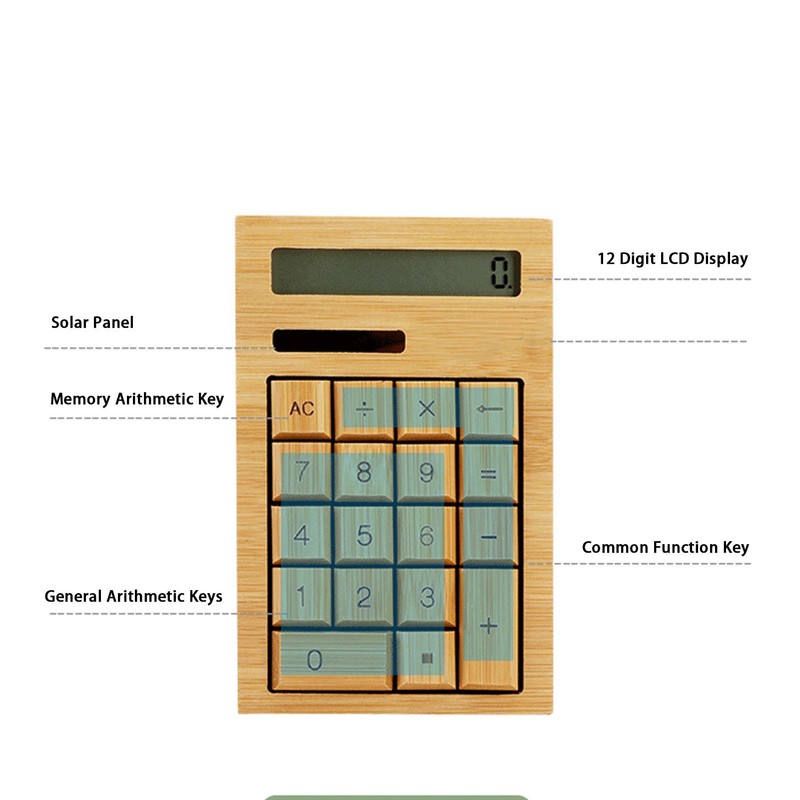 Wooden Calculator Solar Battery Powered 18 Keys Large LCD Display
