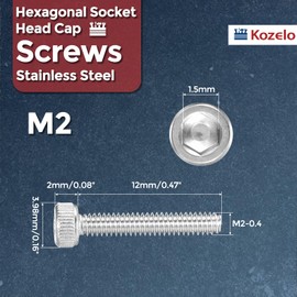 Kozelo 50pcs Socket Head Cap Screws - [M2-0.4 x 12mm] 304 Stainless Steel Allen Socket Drive for Electrical Motor 3D Printing Fan Engine Replacement Use, Silver