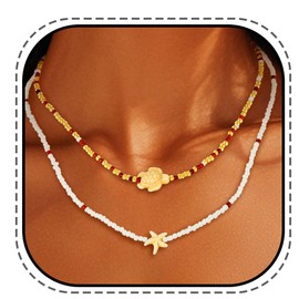 JONKY Layered Beaded Necklace Boho Starfish Charms Necklace Beach Summer Neck Chain for Women