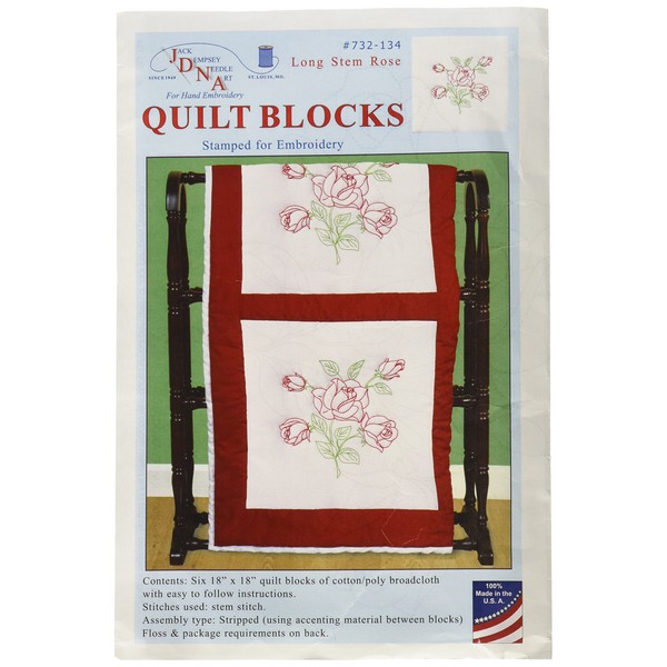 Jack Dempsey Needle Art Stamped White Quilt Blocks 18"X18" 6/Pkg-Long Stem Rose