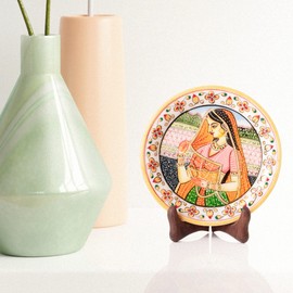 Marble Decorative Plate Traditional Indian Handpainted Round Shape Showpiece Pottery Plate with Stand for Decoration Home Office Décor and Gifting