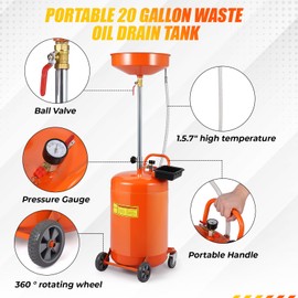 20 Gallon Waste Oil Drain Tank, Portable Air Operated Drainer With Adjustable Funnel Height 38"-65", Portable Oil Drain Container,15" Funnel Fluid Fuel Transfer Drainage With 360° Wheels & Toolbox