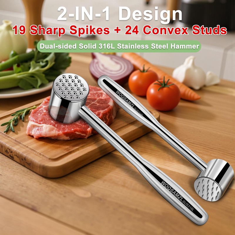2-in-1 Heavy Duty Meat Tenderizer Hammer,Real 316L Stainless Steel Meat