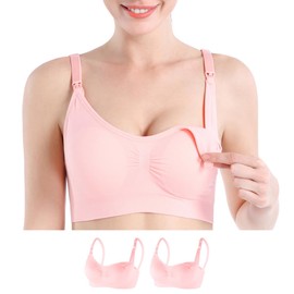BAGWS Nursing Bra, Maternity Bra, Open Front, Set of 2, Anti-sagging, Strap Open, Large Size, Wireless, Prenatal, Postpartum, Nursing, One-Touch, Easy Inner, Pink, XL