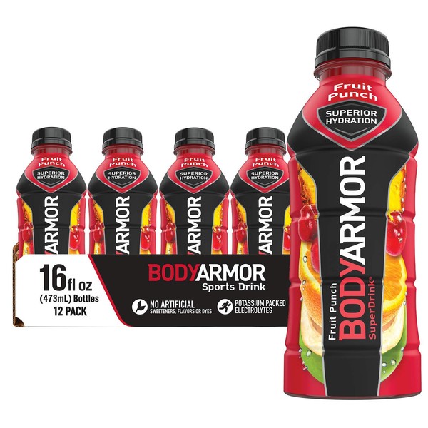BODYARMOR Sports Drink Sports Beverage, Fruit Punch, Coconut Water Hydration, Natural Flavors With Vitamins, Potassium-Packed Electrolytes, Perfect For Athletes, 16 Fl Oz (Pack of 12)