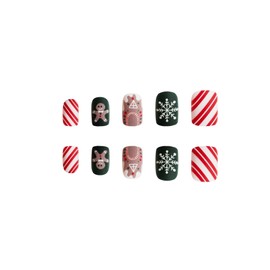 Christmas Press on Nails Black Fake Nails Short False Nails with Red White Stripe Designs Gingerbread Man Glue on Nails Square Stick on Nails Full Cover Winter Acrylic Nails Glossy Artificial Nails
