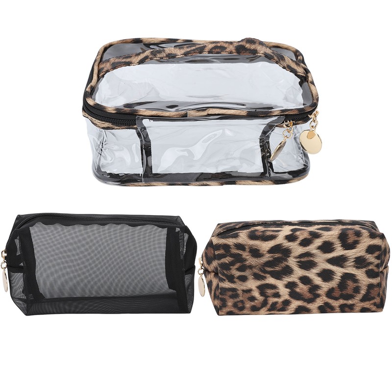 3pcs Makeup Bag Set Leopard Print Large Capacity Portable Waterproof