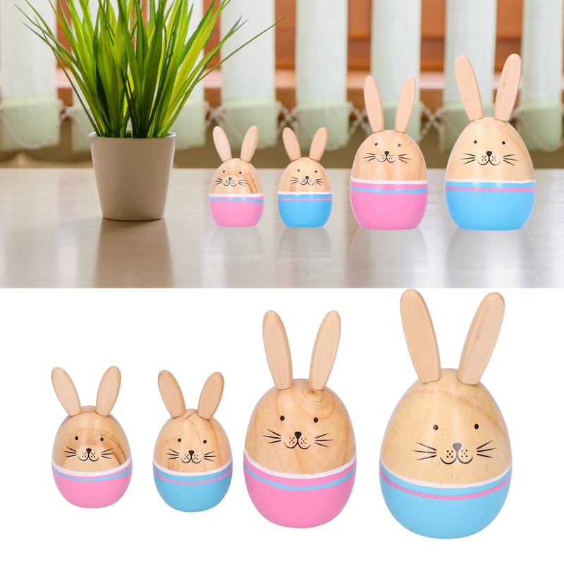 Wood Rabbit Family Figures Handcraft Decoration Ornament for Living Room