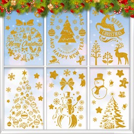 Satiskid 71 Pcs Christmas Window Clings Stickers Gold Christmas Window Decals Double Sided Christmas Window Decorations Anti-Collision Glass Window Doors Window Stickers for Christmas Party Supplies