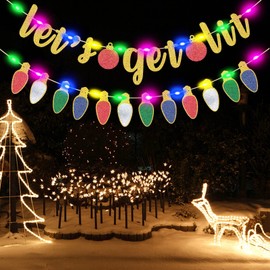 Glittery Gold Lets Get Lit Banner and Light Bulb Garland with Colorful Led Light Lets Get Lit Party Decorations Christmas Decoration Banner Ugly Sweater Party Decorations Xmas Holiday Party