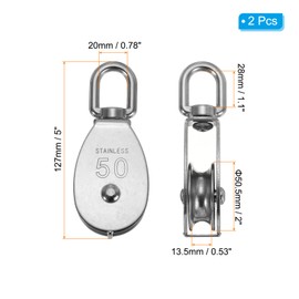 PATIKIL M50 Single Pulley Block, 2 Pack 304 Stainless Steel Heavy Wire Rope Hanging Wire Towing Wheel Lifting Crane Swivel Hook, Loading 400KG/882LBS