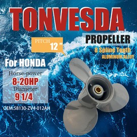 OEM Upgrade Aluminum Outboard Boat Propeller for Honda Engines 8HP 9.0HP 5HP 20HP,9 1/4x8 9 1/4x9 9 1/4x10 9 1/4x11 9 1/4x12,8 Spline Tooth,RH (9 1/4x12(3Blade))