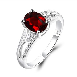 LUO 1.73 CT Oval Shaped Garnet Ring 925 Sterling Silver Olive Leaf Engagement Ring January Birthstone Ring for Women US Size 5.5