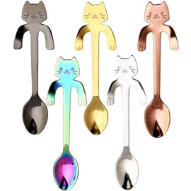 Oneroomone Stainless Steel Coffee Spoon, Hanging Coffee Spoon for Cats, 5 Pieces Mini Kitten Stirring Spoon for Water, Tea, Milk, Coffee, Dessert, Beverage, Milk Shake (5 Colors)