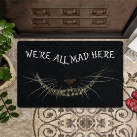 PuseTaer Welcome Mats We're All Mad Here Cat Black Background Design Entrance Non-Slip Indoor Rubber Door Mats for Front Door/Bathroom/Garden/Kitchen/Bedroom 18x30Inch