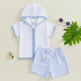 Mobbdow Toddler Baby Boy Girl Swim Cover Up Towel Terry Zipper Hooded Tops Seersucker Shorts Set Beach Bathing Suit Coverup (Blue, 6-12 Months)