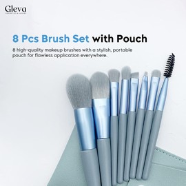 Gleva 8 Pcs Brush Set With Pouch, Makeup Brushes Premium Synthetic Kabuki Foundation, Concealers, Eye Shadows Professional Blush, Face Powder, Highlighter, Contour, Blending Eyeliner (Grey)