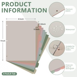 Janlaugh 64 Pcs/8 Sets 8-Tab Write and Erase Big Tab Dividers for 3 Ring Binders, Morandi Color, Durable Plastic Dividers for Student, Teacher, Office, Home Organizers