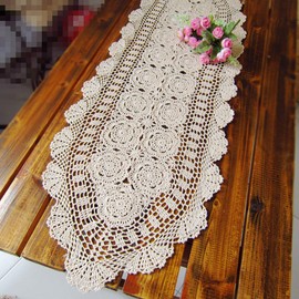 Damanni Oval Cotton Handmade Crochet Lace Table Runner Doilies Dresser Scarf,15 Inch by 43 Inch，Beige