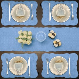 Loom and Mill Quilted Table Placemats Set of 6, Natural Fabric Farmhouse Style Dining Table Mats, Double Layer & Washable for Kitchen Dinner Party Holidays All Season Everyday Use(12"x18", Blue)