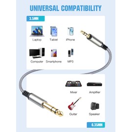 gudxfj 3.5mm to 6.35mm Audio Cable 1/8 to 1/4 TRS Stereo Cable Guitar Stereo Audio Male Cable with Nylon Braided Cord for Laptop Home Theater Equipment Speakers and Amplifiers 1 Pack 6.6ft Silver