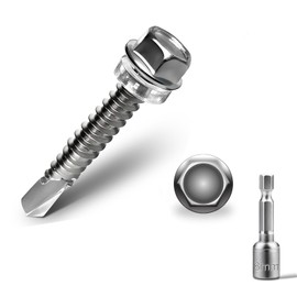 Jyvex Pack of 100 Self-Tapping Screws M5.5 x 32 mm + 1 Piece Hexagonal Bit Socket Key Set 410 Stainless Steel Tapping Screws Hexagon Screws Drilling Screws Stainless Steel Metal Roofing Screws