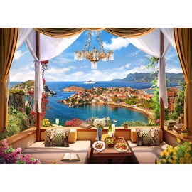 Loccor 5x3ft Fabric Vintage Balcony Backdrop Luxury Chandelier Mediterranean Bay View Photography Background Tea Party Birthday Party Decorations Portrait Photo Booth Studio Props Wallpaper