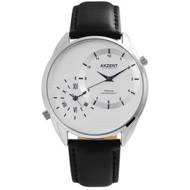 Akzent Exclusive Men's Watch Imitation Leather Watch 2 Times Analogue Quartz 2900187, White, Strap.