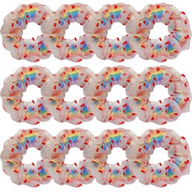 12 Pcs Rainbow Dance Cheer Mesh Hair Scrunchies For Thick Hair School Performance/Sports/Practice/Party/Gymnastics Scrunchie Ponytail Holder Wrist for Girls Cosplay Show (Heart-shaped)