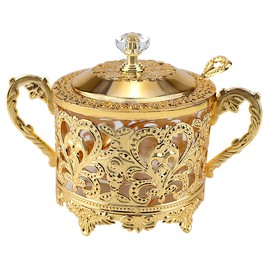 LCJAOF Vintage Glass Sugar Bowl with Lid and Spoon Kitchen Food Canister Condiment Pot Spice Glass Jar Sugar Container for Home, Restaurant Kitchen（Gold）