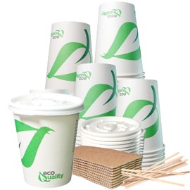 12 oz Compostable Paper Cups with White Flat Lids, Sleeves and Wooden Stirrers - Biodegradable Disposable White Paper Coffee Cups PLA Lined - Eco-friendly Hot and Cold Drinking Cups (25)