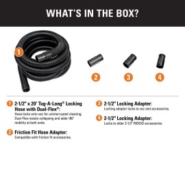 Wet/Dry Shop Vacuums 2-1/2 In. X 20 Ft. DUAL-FLEX Locking Vacuum Hose Kit Accessory Shop Vacuum Attac