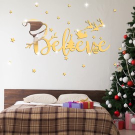 Christmas Wall Decal Acrylic Mirror Wall Sticker Snowman Self Adhesive Window Sticker Decorative Window Cling Holiday Wall Decal for DIY Home Wall Bedroom Living Room Party Decoration (Gold)