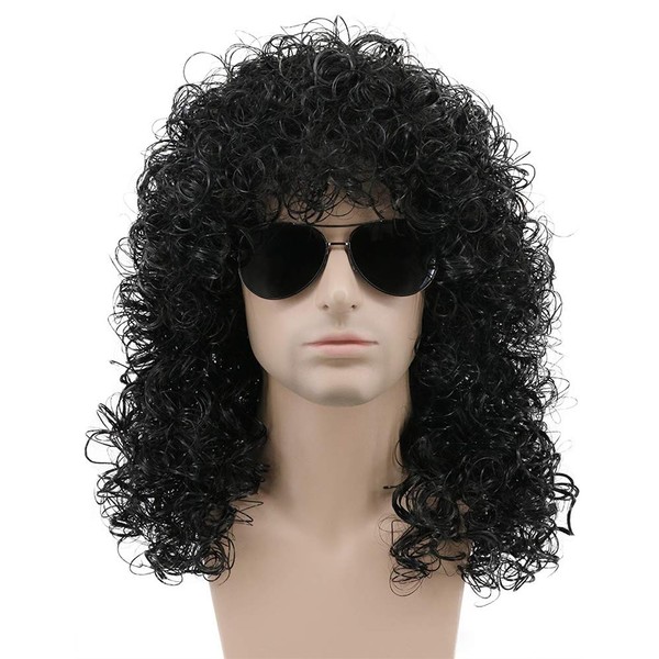 karlery 70s 80s Rocker Mullet Afro Wig Mens Long Curly Black Wig Halloween Party Costume Wig