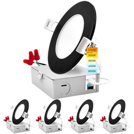 LUXRITE 4 Inch Ultra Thin LED Recessed Light with J-Box, 10W, 5 Color Options 2700K | 3000K | 3500K | 4000K | 5000K, Dimmable Wafer Lights, 750 Lumens, Black Trim, Energy Star, IC Rated (4 Pack)