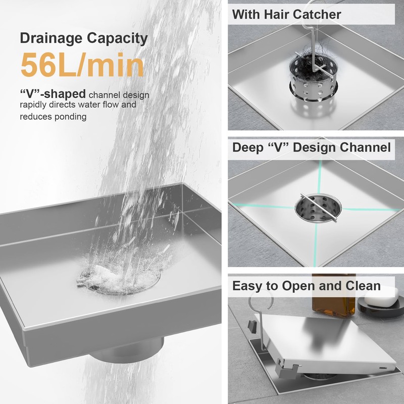EBYTE Square Shower Drain, 6 Inch Brushed Nickel 304 Stainless