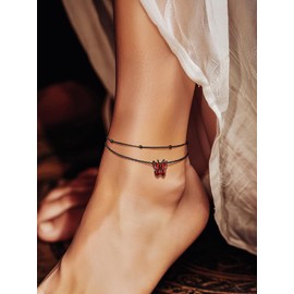 Richsteel Butterfly Anklets Double Layered Chain for Birthday Women Ankle Bracelet Summer Beach Dainty Jewelry