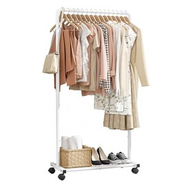 Sakugi Clothes Rack - Clothing Rack with Storage Mesh Shelf & Casters, Heavy-Duty Metal Clothing Rack for Hanging Clothes, Dresses, Coats, Large Load Capacity, Easy Assembly, White, 28.0"x14.0"x59.0"