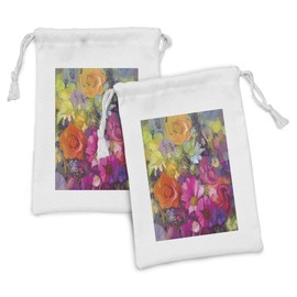 Ambesonne Floral Fabric Pouch Set of 2, Vibrant Flower Bouquet with Daisy Peony Gerbera Petals Romantic Arrangement Print, Small Drawstring Bag for Toiletries Masks and Favors, 9" x 6", Multicolor
