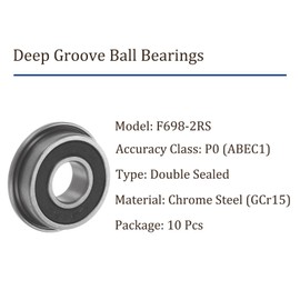 Kozelo 10pcs F698-2RS Flanged Ball Bearing - (8x19x6mm) Replacement Wheel Bearings for Wheelbarrow Lawnmower Hand Truck Axle Use | Chrome Steel, ABEC1
